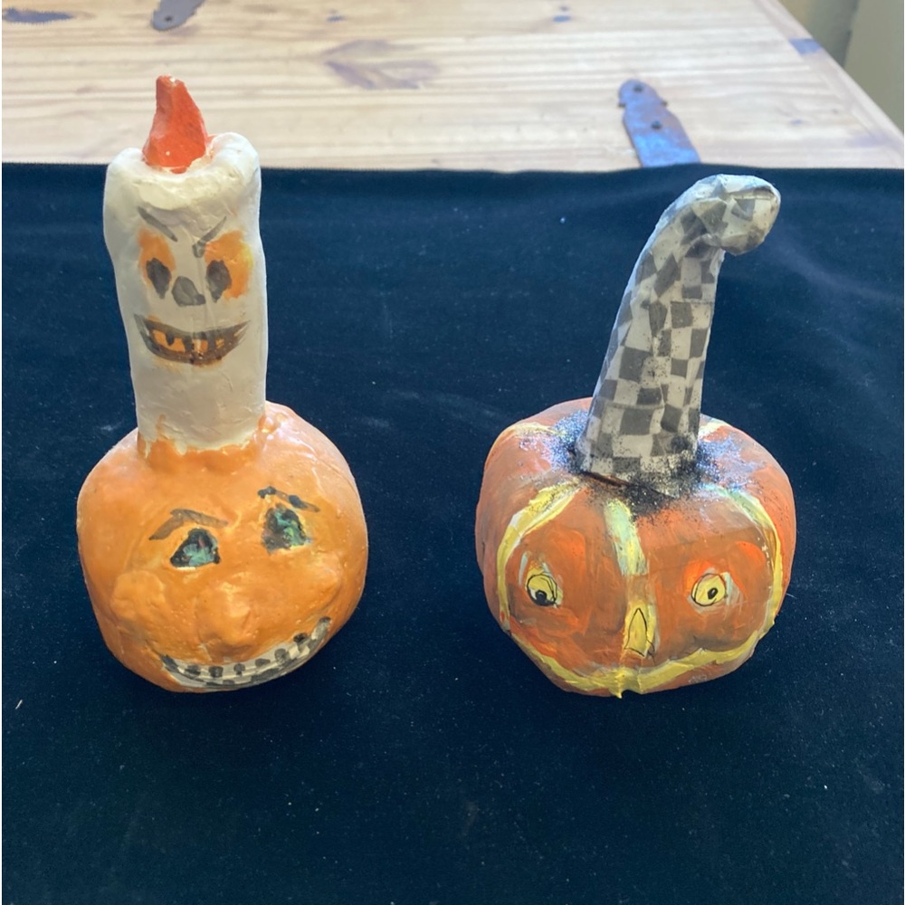 Two Handmade Original  Clay Ceramic Folk Art Halloween Pumpkins 5”-6”